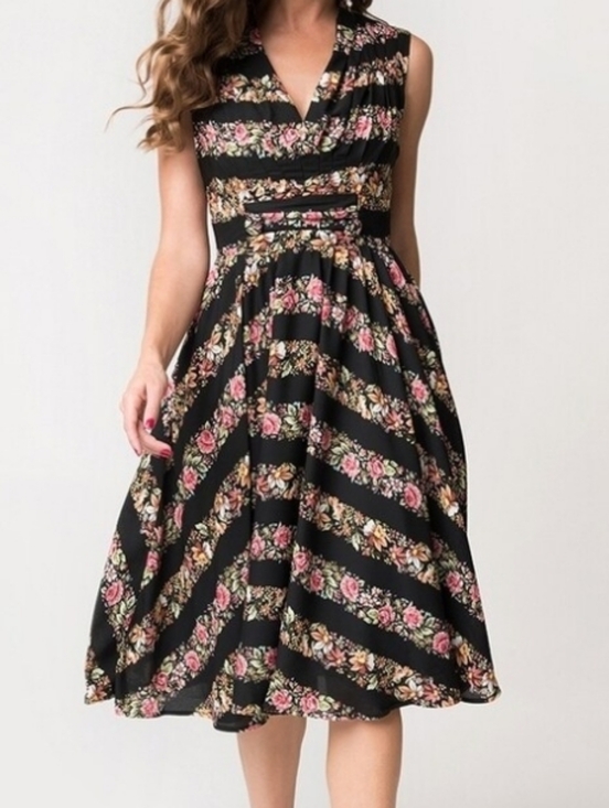 Unique vintage Floral Stripe Sleeveless Midi Dress in Black and Pink - Picture 2 of 15